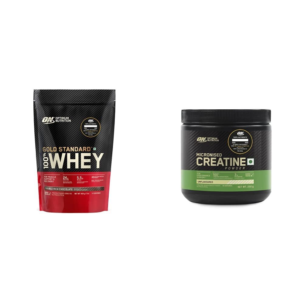 Optimum Nutrition (ON) Gold Standard 100% Whey Protein Powder - 1 lb (Double Rich Chocolate) and Creatine Powder - 300 Grams (Unflavoured)