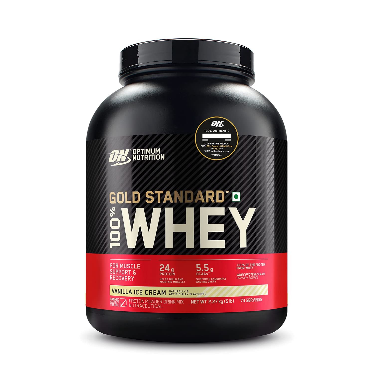 Optimum Nutrition (ON) Gold Standard 100% Whey Protein Powder (Vanilla Ice Cream)5 lbs, 2.27 kg, for Muscle Support & Recovery, Vegetarian - Primary Source Whey Isolate
