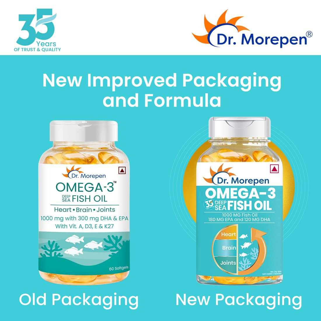 DR. MOREPEN Omega 3 Deep Sea Fish oil for Heart, Brain & Joints, 1000 mg Omega with 300 mg DHA with Vitamin A, D3, E & K27 | 60 Softgels