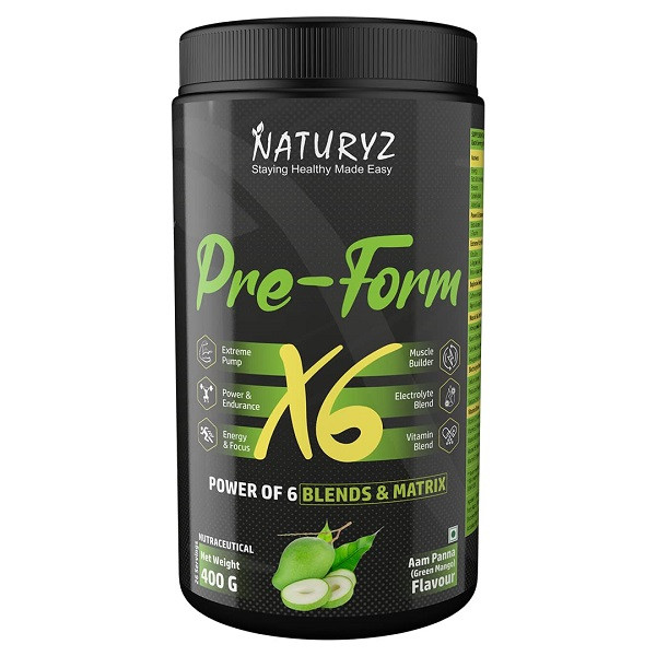Naturalyz Pre-Form X6 Supplement with Highest 19 Nutrients for Extreme Pump, Power, Endurance, Energy, Focus, Muscle Building Supplement with Vitamins & Electrolytes - 400g (Aam Panna Flavor)